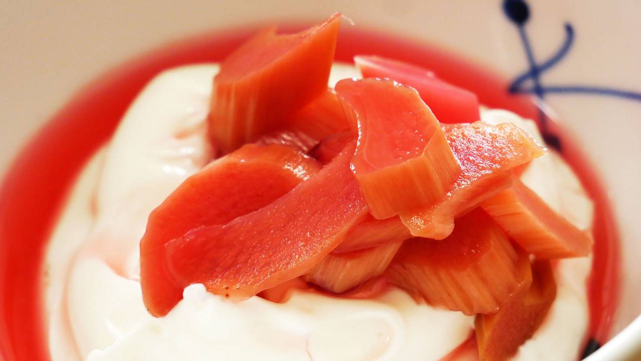 Råsyltede rabarber på græsk yoghurt